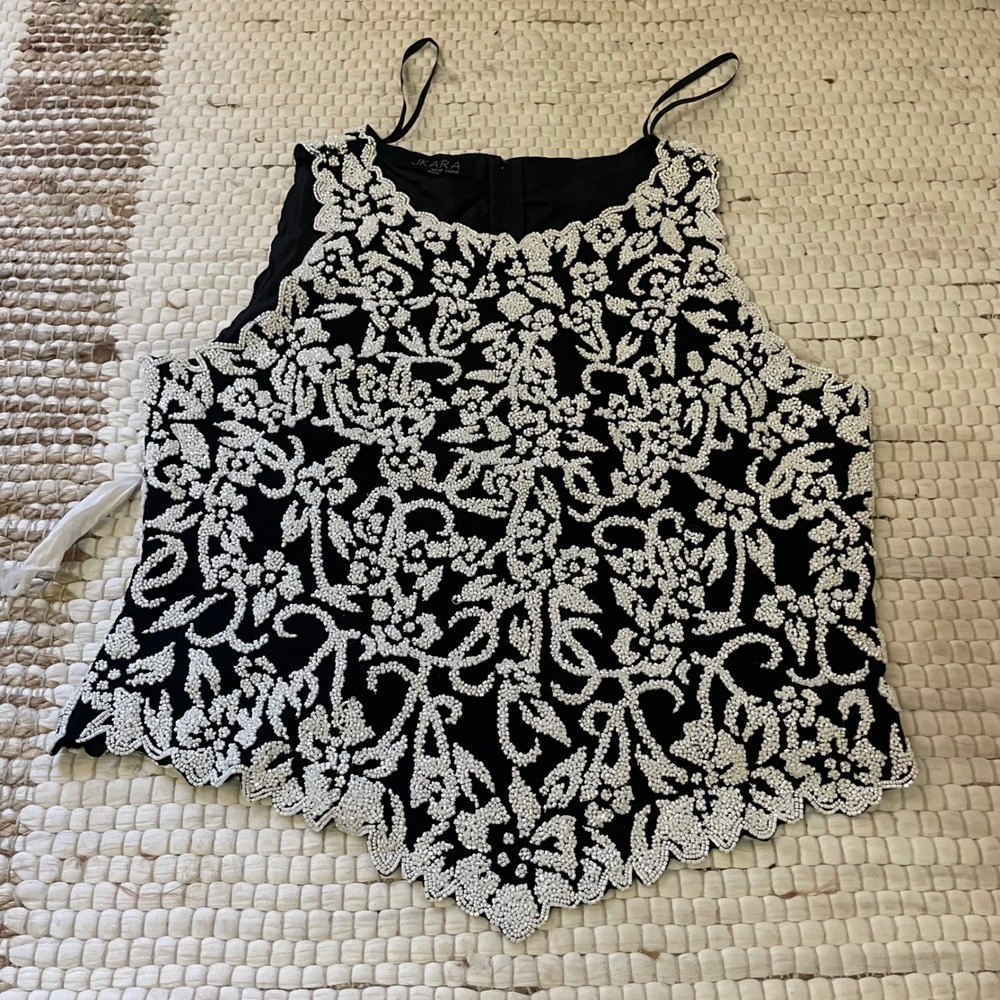 JKARA New York XXL Black Beaded Floral Halter‎ Cami Top Scalloped Hem Formal